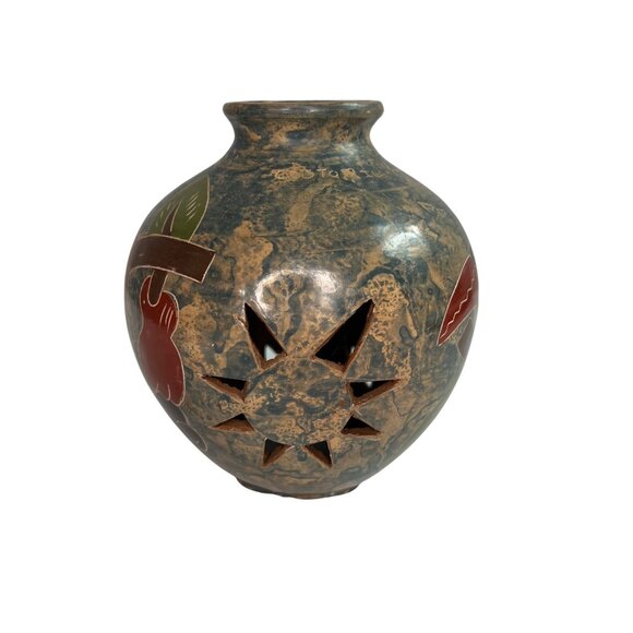 Handcrafted Costa Rican Pottery Vase With Toucan & Leaf Motif - Picture 2 of 9